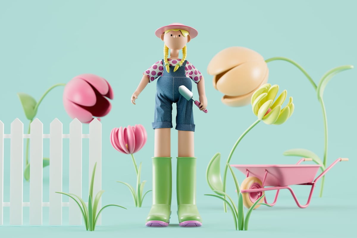 3D stylized woman cartoon character with blonde braids, no mouth, short dungarees and giant rubber boots standing in her garden. She has a tiny shovel and a wheelbarrow and is ready for the hard work. 3d illustration, 3d rendering